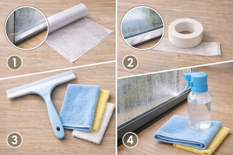 結露対策の道具を種類別に並べて比較している様子