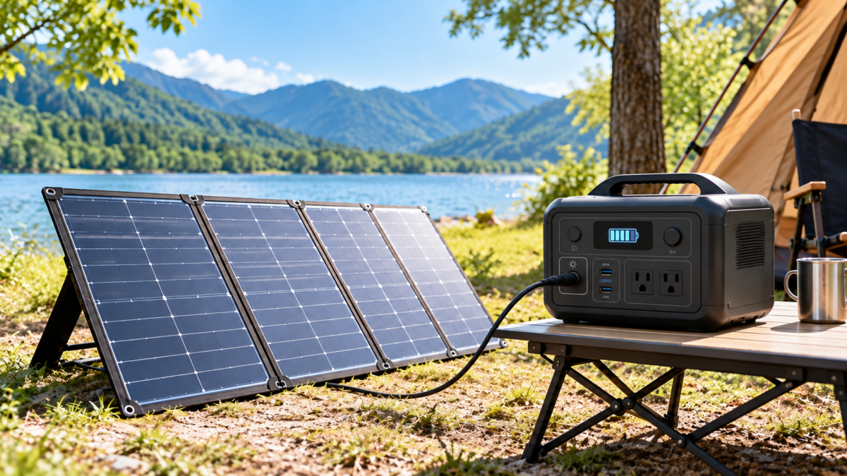 湖畔のキャンプ場で折りたたみ式ソーラーパネルとポータブル電源を設置した様子