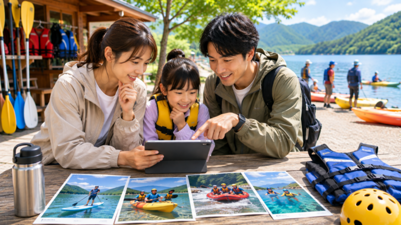 SUPやカヤックなど複数の外遊びプランを家族で比較して選ぶ様子
