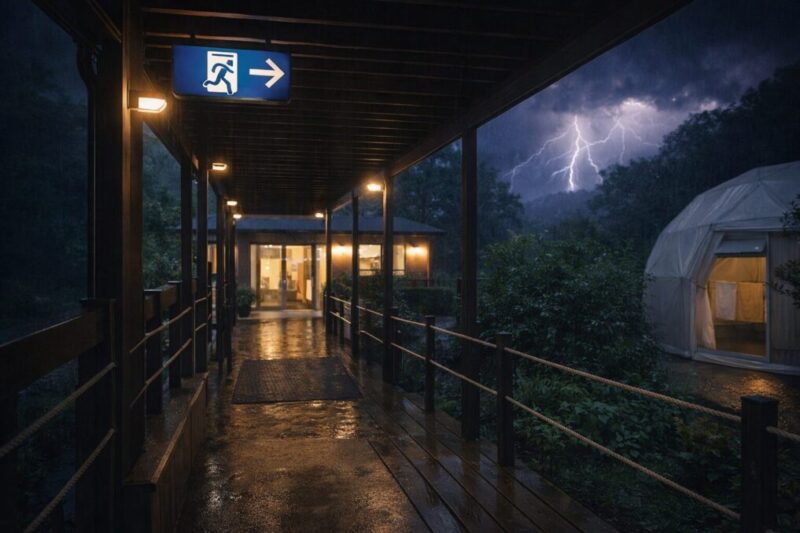 雷雨時に管理棟へ移動しやすいグランピング施設の避難導線