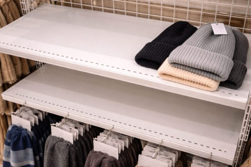 在庫が減ってきた売り場でニット帽を見つけるイメージ