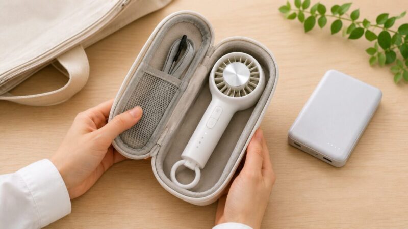 冷却プレート付きハンディファンをクッションポーチに収納して持ち運び準備をする様子