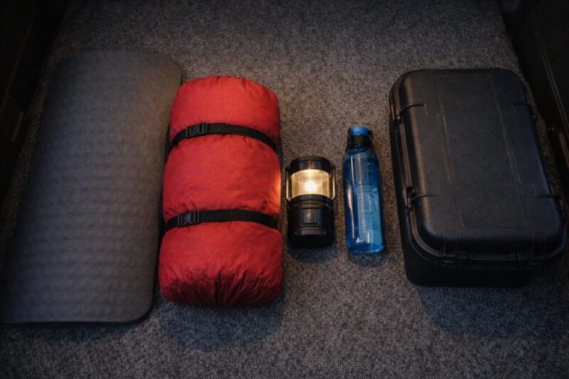 車中泊で優先したい最低限の持ち物を並べたイメージ
