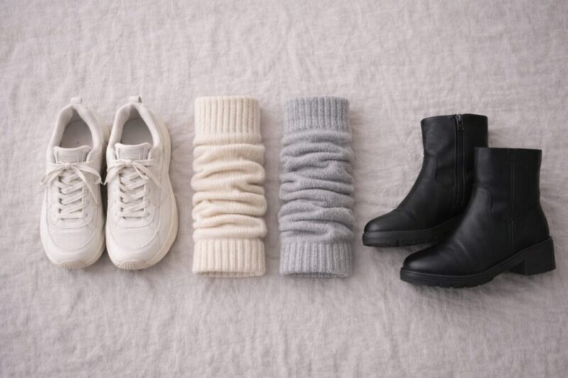 スニーカーとブーツに合わせるレッグウォーマーの違いが伝わる比較配置