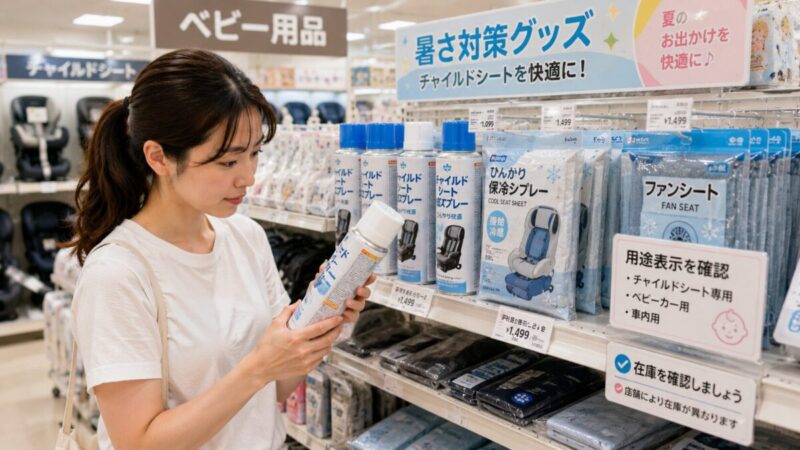 ベビー用品店でチャイルドシート用の暑さ対策用品を比較する保護者