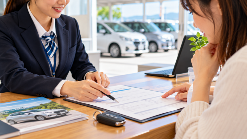 レンタカー店舗の受付カウンターでスタッフと利用者が予約書類を見ながら契約条件を確認している様子