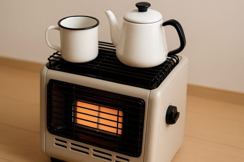 五徳付きのカセットガスストーブで、暖房しながらマグとヤカンを温めている様子
