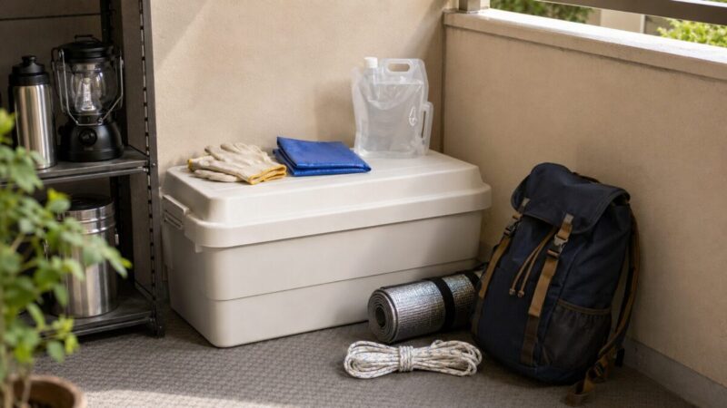屋根のあるベランダに白い収納ボックスと防災用品を置いた屋外保管のイメージ