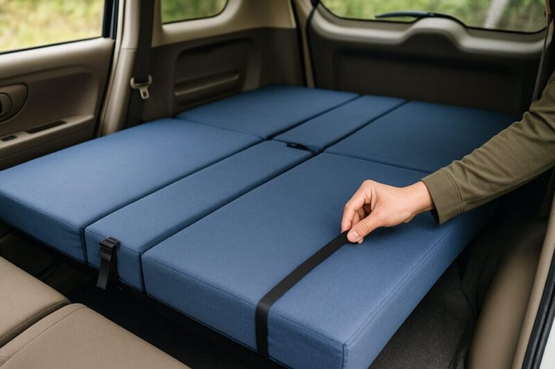 分割マットの継ぎ目をベルトで固定し、ズレを防いでいるイメージ