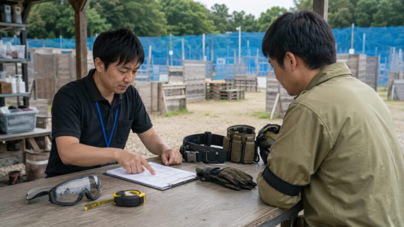 サバゲーフィールドで参加前に装備とルールを確認している様子