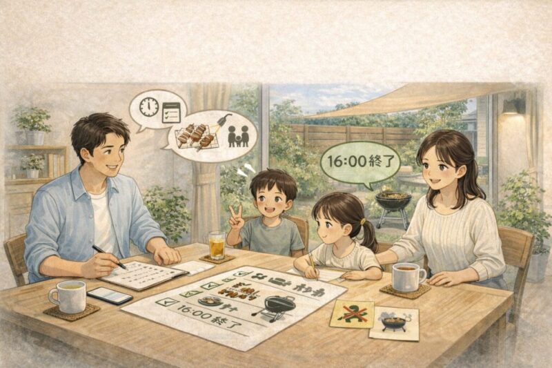 庭バーベキュー当日の過ごし方を家族で事前に話し合っている