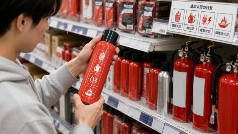 ホームセンターで消火スプレーの対応用途を確認しながら選ぶ様子