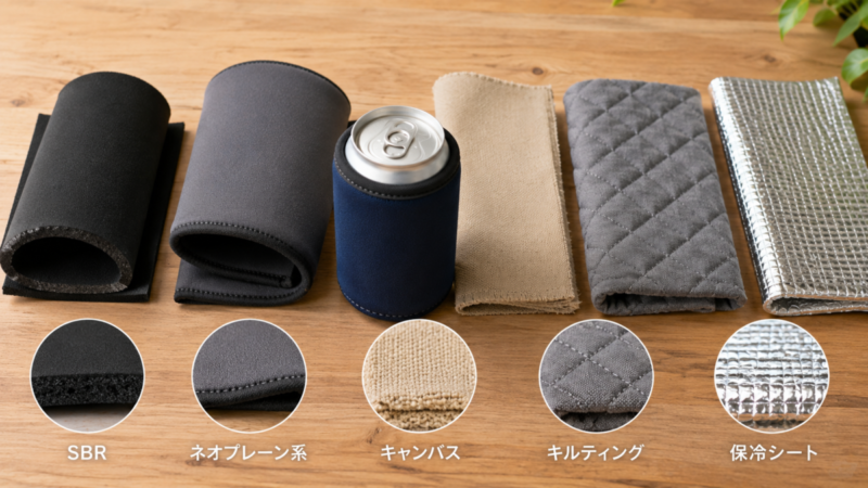SBRやネオプレーン、キャンバス、キルティング、保冷シートの質感と構造を比較する様子