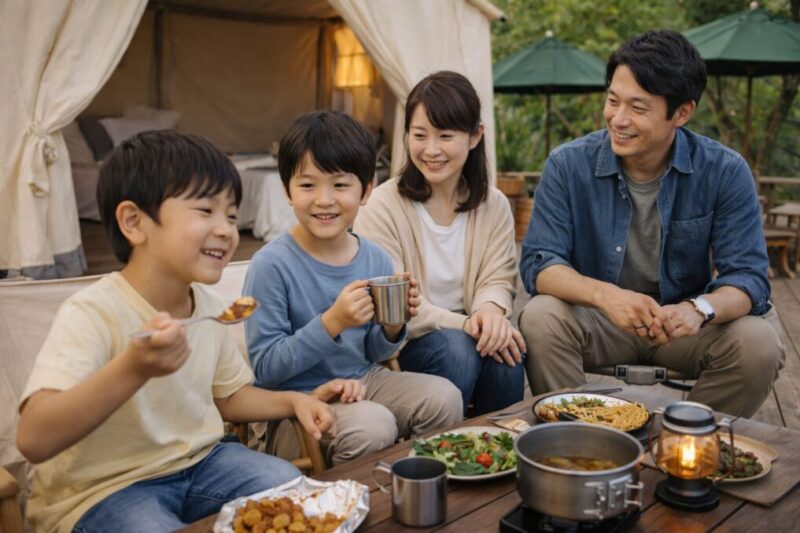 初心者家族でも安心して楽しめるグランピングの様子