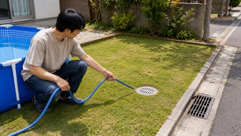 家庭用プールの水を流す前に庭の排水口と道路側溝を確認する様子