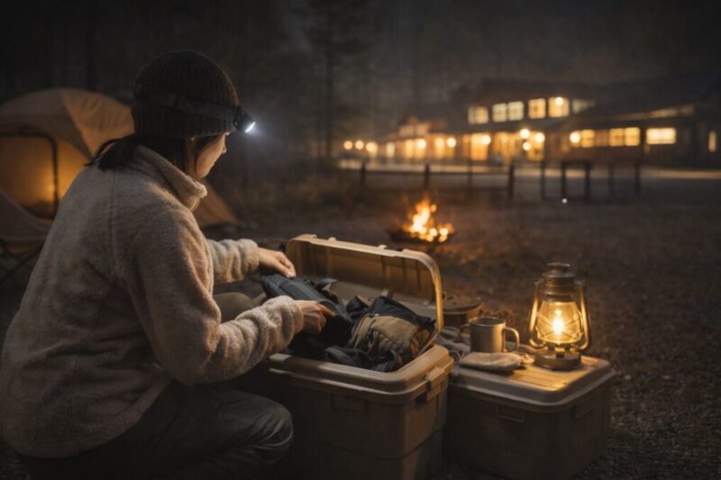 管理棟の灯りが届く明るい区画で荷物を整理して安心を確保する夜のキャンプのイメージ