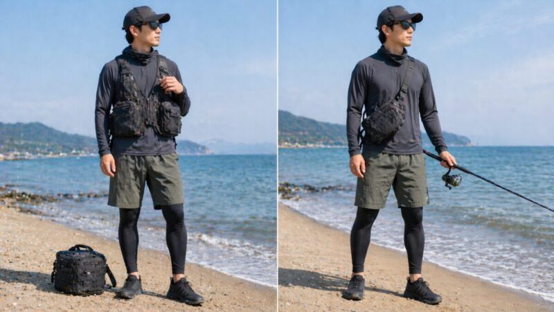 ベストやバッグを増やしすぎない夏のサーフ釣り収納スタイル。