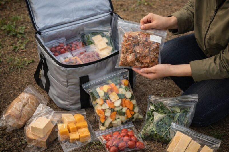 グランピングへ持ち込みやすい小分け食材と保冷バッグの使用例