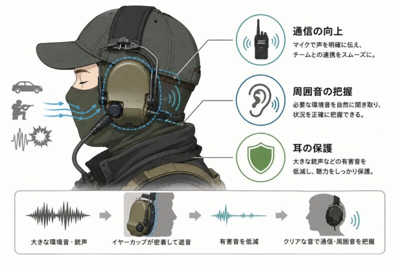 ヘッドセットによる通信と周囲音の把握と耳の保護を示す説明イラスト