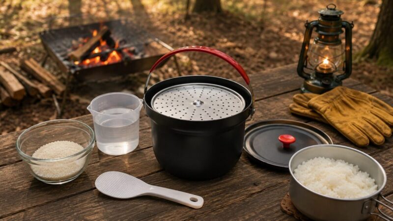 木製テーブルに米や水、ライスクッカーの部品を並べ、キャンプ炊飯の準備と炊き上がりを表した様子
