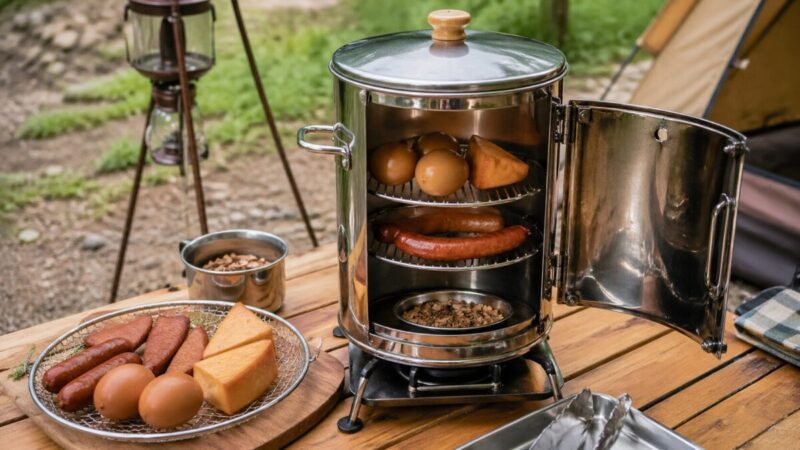 キャンプテーブルで燻製器に卵、チーズ、ソーセージを並べている調理シーン