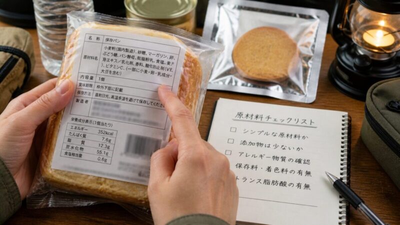 無添加の非常食パンを選ぶために原材料を確認する様子