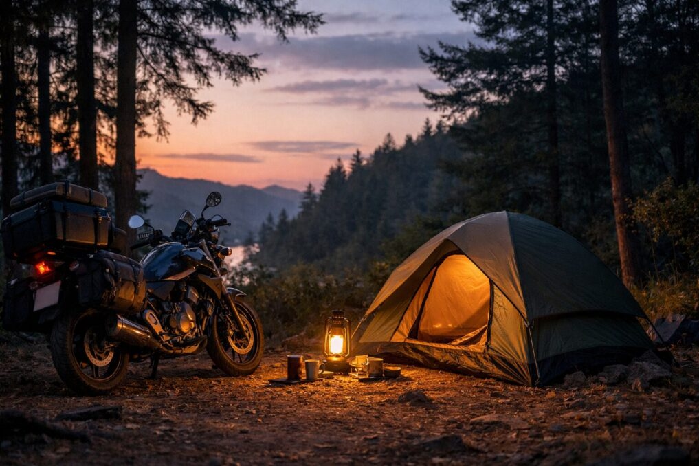 夕暮れの森のキャンプサイトで、バイクの横にドームテントとランタンが並ぶソロキャンプの風景