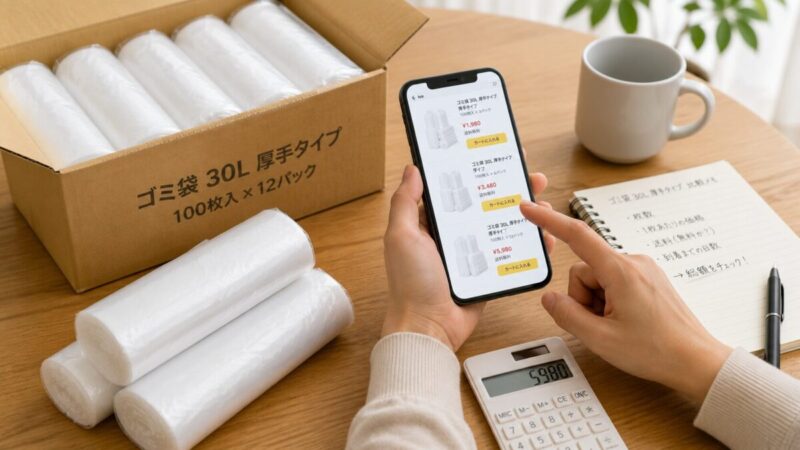 箱入りのゴミ袋とロール状の袋を前に、スマートフォンと電卓で箱買いの価格を比較している様子