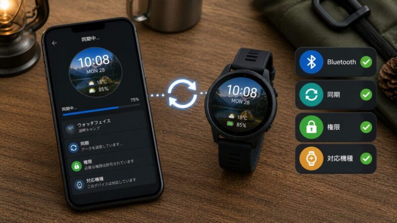 スマートウォッチの文字盤が反映されない時に同期や権限を確認するイメージ