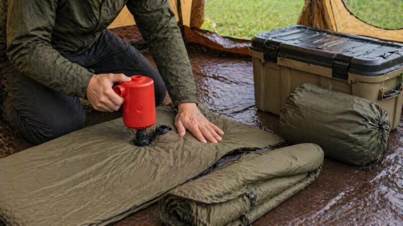 キャンプ撤収時にインフレーターマットの空気を抜いて収納しやすくしている様子