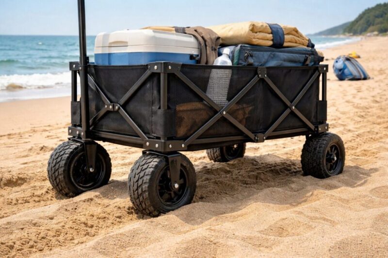 砂浜でワイドタイヤとメッシュボディの特徴が分かる大型ワゴン