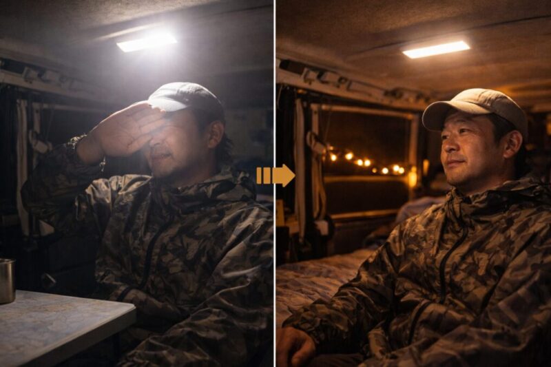 車中泊で眩しさを減らすライトの向きと高さの比較図