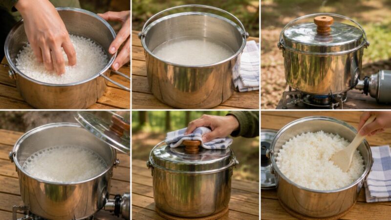 ライスクッカーで米を浸水させ弱火で炊き蒸らして仕上げる手順イメージ