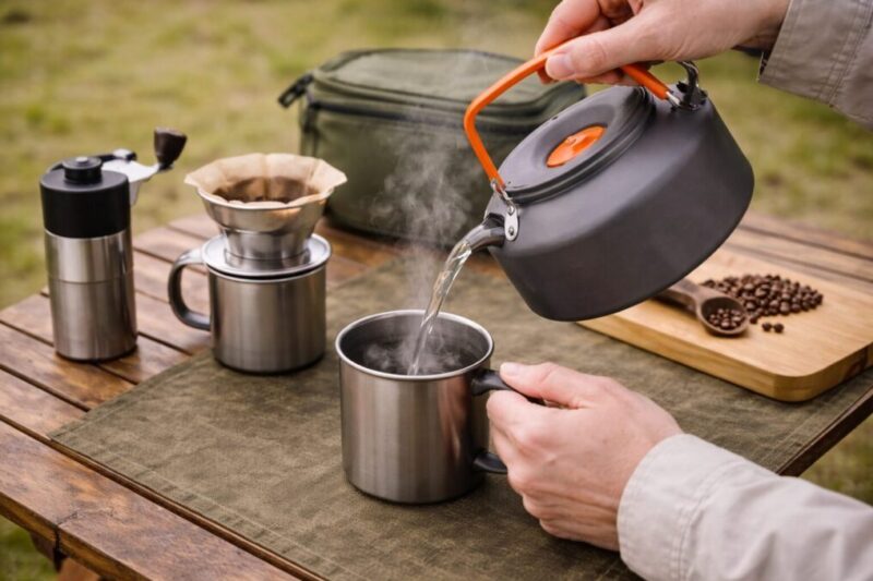 ケトルからカップへお湯を注ぎ、湯沸かしを丁寧に運用している手元のイメージ