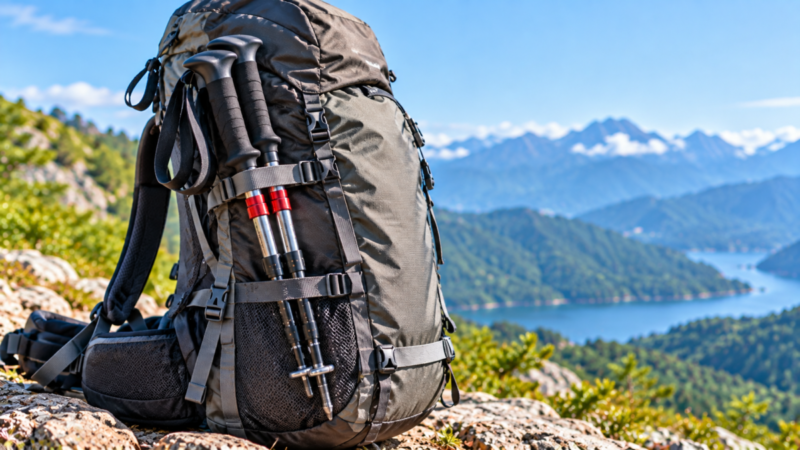 トレッキングポールを登山ザックの側面へストラップで固定した様子