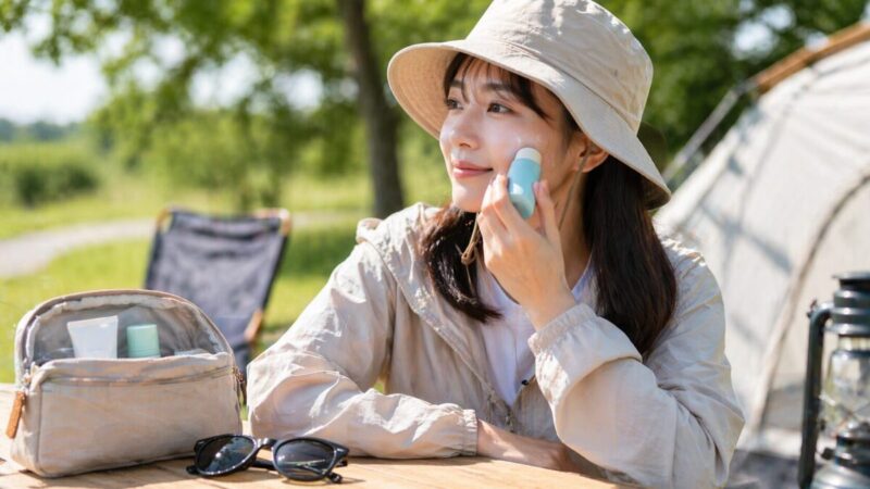キャンプ場でスティックタイプの日焼け止めを塗り直すイメージ