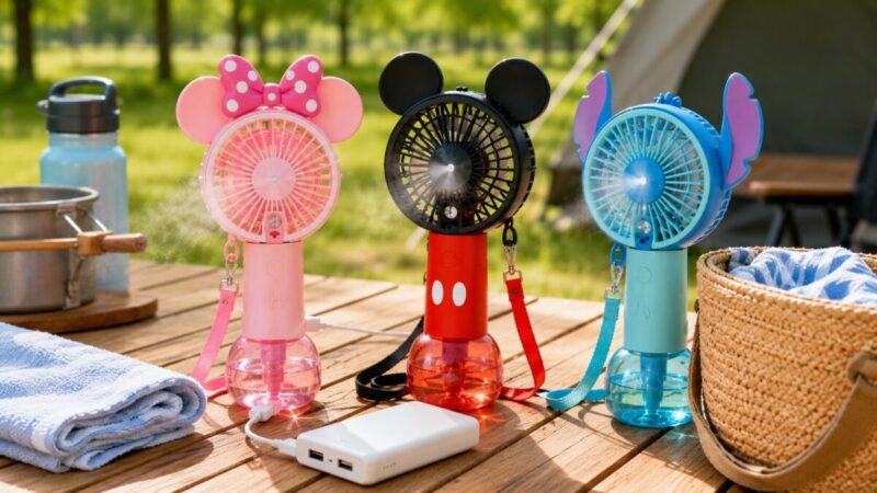 電池式と充電式のハンディファンを外遊び用に準備している画像