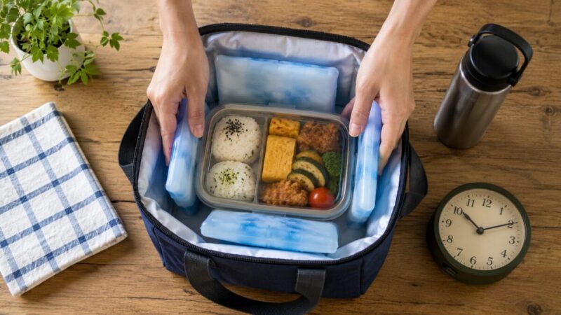 保冷バッグの中でお弁当箱を複数の保冷剤で囲み、食べる時間を確認しながら準備している様子。