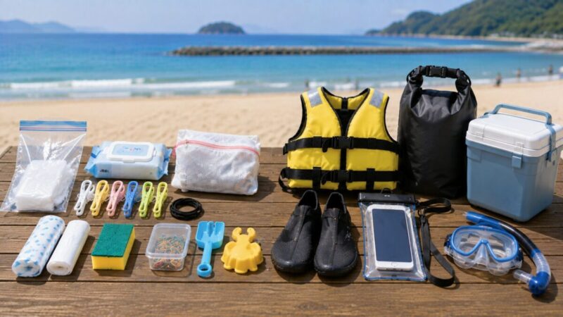 海水浴で使う消耗品や小物と安全性や防水性を重視する専用品を分けて並べた様子