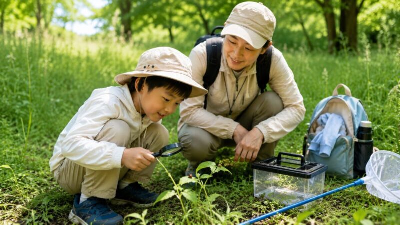 動きやすい長袖と長ズボンを着て保護者と草地の昆虫を観察する子供