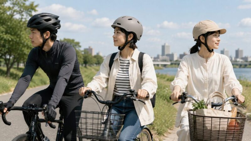 スポーツ型・アーバン型・帽子型の自転車ヘルメットを用途別に着用する男女
