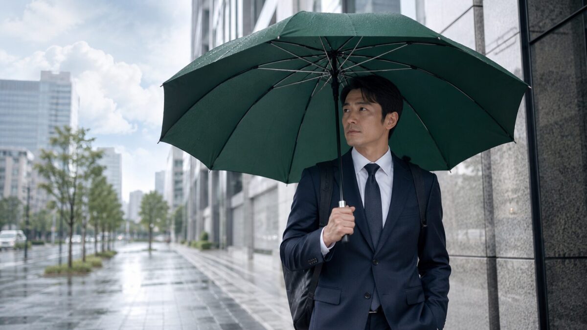 雨上がりの街中で大きめの深緑の折りたたみ日傘を差して歩く男性