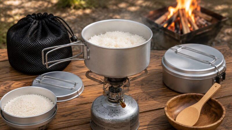 アルミクッカーで炊いた白いご飯をキャンプテーブルに置いたアウトドア炊飯の様子。