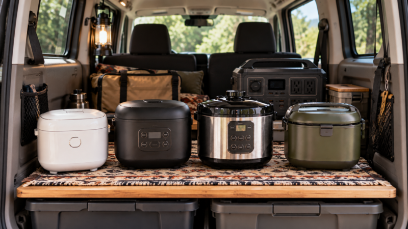 車内スペースに複数サイズの炊飯器とポータブル電源を並べて比較する様子