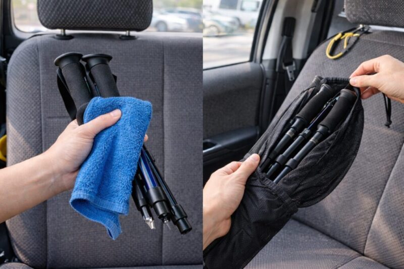 トレッキングポールを長持ちさせるために乾燥と収納をしている様子