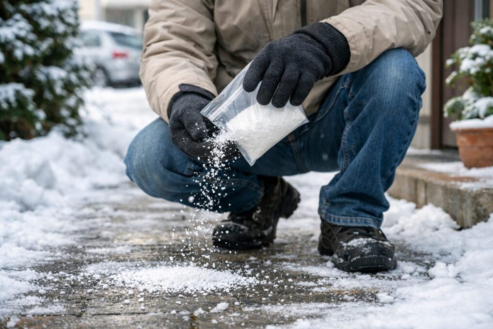 玄関前の凍結を防ぐため、融雪剤を少量散布している様子