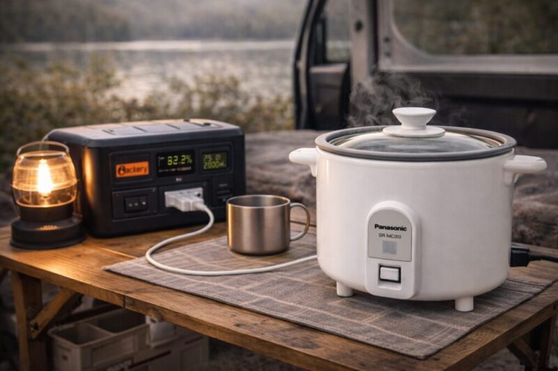 車中泊のテーブル上で小型炊飯器をポータブル電源につないで使う様子を表したイメージ