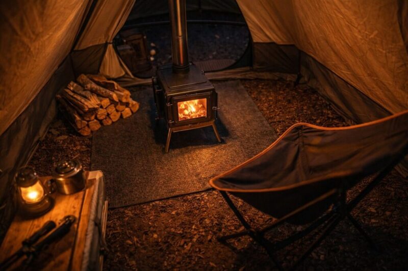 テント前室でストーブの位置と動線を確保した安全レイアウトの俯瞰イメージ
