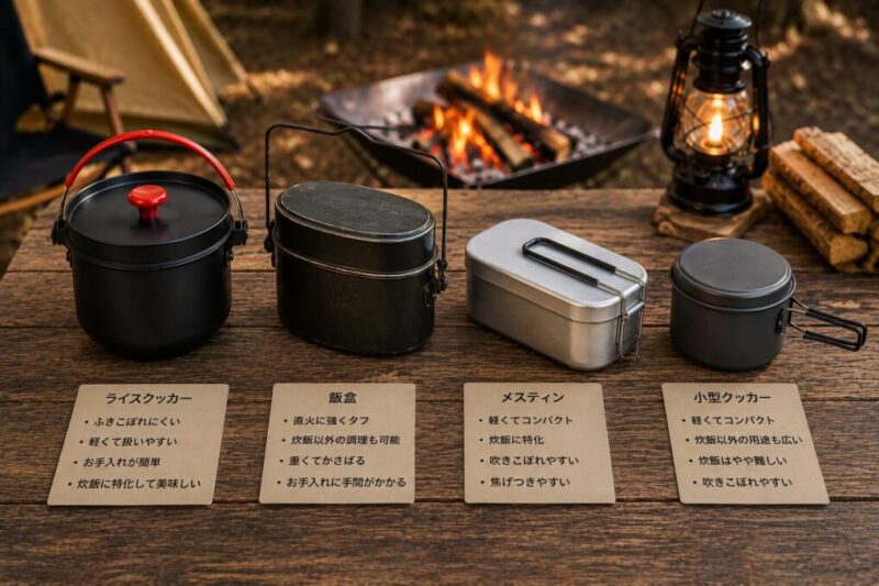 ライスクッカーと飯盒、メスティン、小型クッカーを並べてキャンプ炊飯ギアを比較する様子