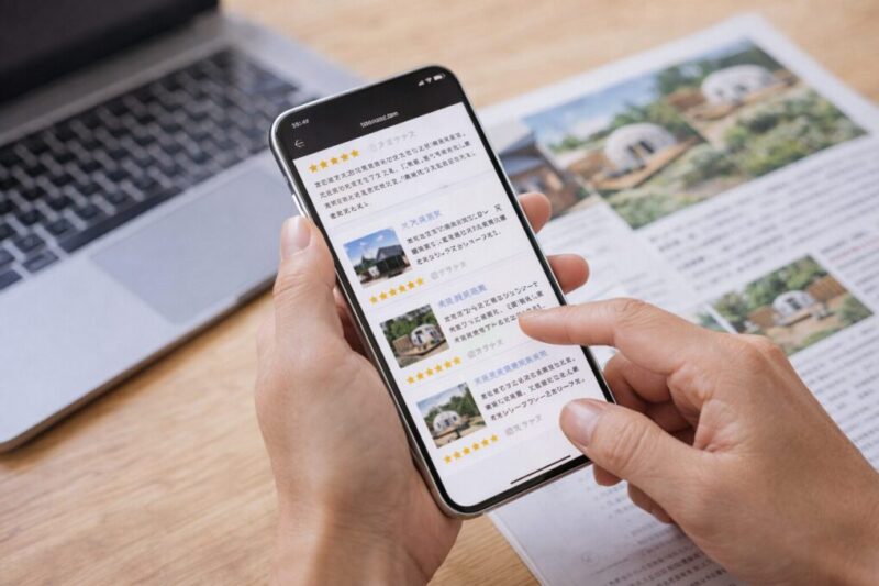 口コミを見てグランピング施設のプライバシーや見え方を確認しているイメージ